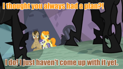 Size: 960x540 | Tagged: safe, screencap, character:carrot top, character:doctor whooves, character:golden harvest, character:time turner, character:tornado bolt, species:changeling, species:pony, episode:a canterlot wedding, g4, my little pony: friendship is magic, image macro, male, meme, orange text, stallion