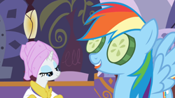 Size: 1600x900 | Tagged: safe, screencap, character:rainbow dash, character:rarity, species:pegasus, species:pony, species:unicorn, episode:ponyville confidential, g4, my little pony: friendship is magic, bathrobe, clothing, cucumber, duo, female, lidded eyes, mare, robe, spa, towel
