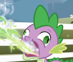 Size: 359x305 | Tagged: safe, screencap, character:spike, species:dragon, episode:the ticket master, g4, my little pony: friendship is magic, burp, derp, dragon mail, faec, fire, green fire, letter, solo, wat