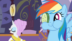 Size: 1600x900 | Tagged: safe, screencap, character:rainbow dash, character:rarity, species:pegasus, species:pony, species:unicorn, episode:ponyville confidential, g4, my little pony: friendship is magic, bathrobe, clothing, cucumber, cucumber monocle, cucumber pirate, cute, duo, eating, faec, female, mare, puffy cheeks, rainbow dash is best facemaker, robe, spa, towel
