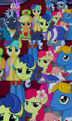Size: 720x1215 | Tagged: safe, screencap, character:apple bloom, character:applejack, character:caesar, character:dark moon, character:graphite, character:north star (g4), character:perfect pace, character:pokey pierce, character:sunshower raindrops, species:pony, species:unicorn, episode:make new friends but keep discord, g4, my little pony: friendship is magic, apple bloom is not amused, clothing, crowd, dress, group, masquerade, perry pierce, tenso, unamused