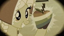 Size: 1366x768 | Tagged: safe, screencap, character:granny smith, episode:family appreciation day, g4, my little pony: friendship is magic, apple, braid, flashback, food, solo, younger, zap apple