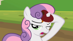 Size: 1280x720 | Tagged: safe, screencap, character:sweetie belle, species:pony, species:unicorn, episode:sisterhooves social, g4, my little pony: friendship is magic, apple, food, horn impalement, one eye closed, open mouth, rotten apple, solo