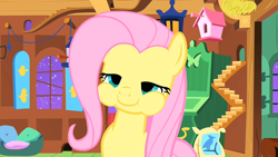 Size: 1600x900 | Tagged: safe, screencap, character:fluttershy, species:pegasus, species:pony, episode:stare master, g4, my little pony: friendship is magic, cute, female, fluttershy's cottage, lidded eyes, mare, puffy cheeks, shyabetes, solo, swallow