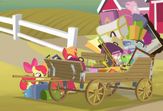 Size: 523x357 | Tagged: safe, screencap, character:apple bloom, character:big mcintosh, species:earth pony, species:pony, episode:pinkie apple pie, g4, my little pony: friendship is magic, animated, cart, male, scruff, stallion