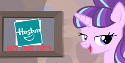 Size: 784x398 | Tagged: safe, screencap, character:starlight glimmer, episode:the cutie map, g4, my little pony: friendship is magic, season 5, buy our toys, capitalism, capitalist communist, hasbro, hasbro logo, image macro, lecture, meme, solo, starlight's picture frame
