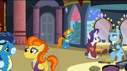 Size: 1600x900 | Tagged: safe, screencap, character:blaze, character:rarity, character:soarin', character:stormy flare, character:wind rider, species:pony, episode:rarity investigates, g4, my little pony: friendship is magic, discovery family logo, eye contact