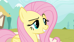 Size: 1600x900 | Tagged: safe, screencap, character:fluttershy, species:pegasus, species:pony, episode:putting your hoof down, g4, my little pony: friendship is magic, dreamworks face, female, mare, new fluttershy, raised eyebrow, satisfied, smug, solo, trollface