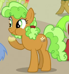Size: 286x306 | Tagged: safe, screencap, character:apple brown betty, species:earth pony, species:pony, episode:apple family reunion, g4, my little pony: friendship is magic, apple family member, background pony, cropped, eating, female, mare, puffy cheeks, solo focus