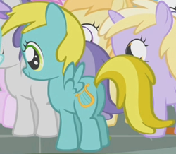 Size: 313x273 | Tagged: safe, screencap, character:cotton cloudy, character:dinky hooves, character:liza doolots, character:noi, character:petunia, character:piña colada, character:tootsie flute, character:tornado bolt, species:pegasus, species:pony, episode:call of the cutie, g4, my little pony: friendship is magic, background pony, bee bop, bee bop behinding tornado bolt, female, filly, foal, plot, solo focus