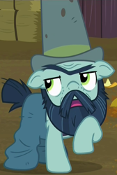 Size: 666x990 | Tagged: safe, screencap, species:earth pony, species:pony, episode:the hooffields and mccolts, g4, my little pony: friendship is magic, beard, big daddy mccolt, clothing, cropped, facial hair, hat, male, mccolt family, moustache, raised hoof, solo, stallion
