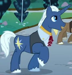 Size: 400x413 | Tagged: safe, screencap, character:blue moon (g4), species:pony, species:unicorn, episode:the best night ever, g4, my little pony: friendship is magic, background pony, clothing, male, open mouth, raised hoof, smiling, solo focus, stallion