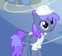 Size: 215x193 | Tagged: safe, screencap, character:blueberry punch, character:peppermint crunch, species:pegasus, species:pony, episode:sonic rainboom, g4, my little pony: friendship is magic, background pony, cropped, female, hard hat, hat, mare, solo focus, weather factory uniform