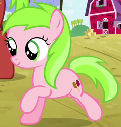 Size: 478x501 | Tagged: safe, screencap, character:sweet tooth, species:earth pony, species:pony, episode:apple family reunion, g4, my little pony: friendship is magic, apple family member, background pony, cropped, female, filly, running, smiling, solo