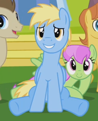 Size: 241x298 | Tagged: safe, screencap, character:mane moon, character:merry may, species:pegasus, species:pony, episode:hurricane fluttershy, g4, my little pony: friendship is magic, background pony, cerulean skies, crescent pony, cropped, sitting, solo focus, warm front