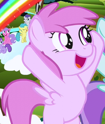 Size: 397x466 | Tagged: safe, screencap, character:pinkie feather, character:rainy feather, character:tootsie flight, character:tornado bolt, species:pegasus, species:pony, episode:the cutie mark chronicles, g4, my little pony: friendship is magic, background pony, cheery, cheerybetes, cropped, cute, female, filly, pinkie feather, rainbow, rainy feather, solo focus