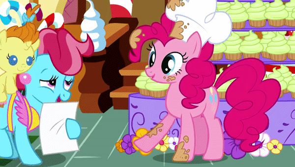 Size: 600x340 | Tagged: safe, screencap, character:cup cake, character:gummy, character:pinkie pie, character:pound cake, character:pumpkin cake, episode:the one where pinkie pie knows, g4, my little pony: friendship is magic, animated, cupcake, food, good trick, spinning