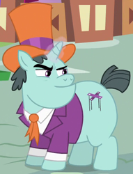 Size: 382x499 | Tagged: safe, screencap, character:claude, species:pony, species:unicorn, episode:inspiration manifestation, g4, my little pony: friendship is magic, clothing, cropped, fat, hat, male, solo, stallion, suit, top hat