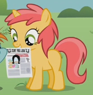Size: 181x186 | Tagged: safe, screencap, character:firelock, character:snips, species:pony, species:unicorn, episode:ponyville confidential, g4, my little pony: friendship is magic, background pony, cropped, female, filly, firedorable, firelock, mouth hold, newspaper, solo focus