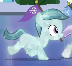Size: 439x402 | Tagged: safe, screencap, character:glass slipper, character:hope, species:crystal pony, species:pony, episode:games ponies play, g4, my little pony: friendship is magic, background pony, blank flank, cropped, female, filly, flag, mouth hold, running, solo focus