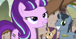 Size: 1598x828 | Tagged: safe, screencap, character:starlight glimmer, episode:the cutie map, g4, my little pony: friendship is magic, discovery family logo, equal cutie mark, fake smile, our town, s5 starlight