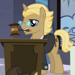 Size: 150x149 | Tagged: safe, screencap, character:golden gavel, episode:sweet and elite, g4, my little pony: friendship is magic, background pony, cropped, gavel, mouth hold, picture for breezies