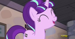 Size: 1589x824 | Tagged: safe, screencap, character:starlight glimmer, species:pony, species:unicorn, episode:the cutie map, g4, my little pony: friendship is magic, cute, discovery family logo, equal cutie mark, eyes closed, female, glimmerbetes, happy, introduction, mare, open mouth, s5 starlight, smiling, solo, when she smiles