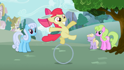 Size: 1366x768 | Tagged: safe, screencap, character:apple bloom, character:daisy, character:dinky hooves, character:linky, character:shoeshine, episode:the cutie pox, g4, my little pony: friendship is magic, loop-de-hoop