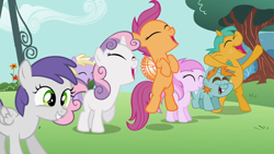 Size: 1366x768 | Tagged: safe, screencap, character:aura, character:dinky hooves, character:scootaloo, character:snails, character:snips, character:sweetie belle, character:tornado bolt, species:pegasus, species:pony, episode:the cutie pox, g4, my little pony: friendship is magic, cheering, happy, jumping