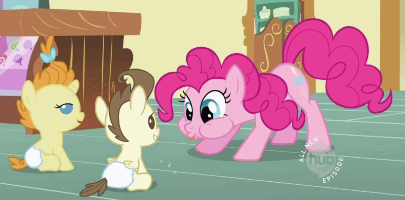 Size: 820x406 | Tagged: safe, screencap, character:pinkie pie, character:pound cake, character:pumpkin cake, episode:baby cakes, g4, my little pony: friendship is magic, animated, babies, baby eyes, baby ponies, diaper, diapered, diapered colt, diapered filly, diapered foals, happy, happy babies, hub logo, one month old colt, one month old filly, one month old foals, puffy cheeks, raspberry, tongue out, white diapers