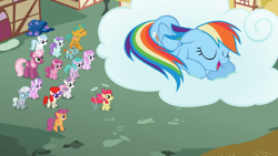 Size: 1366x768 | Tagged: safe, screencap, character:apple bloom, character:aura, character:cheerilee, character:cotton cloudy, character:diamond tiara, character:liza doolots, character:petunia, character:piña colada, character:rainbow dash, character:ruby pinch, character:scootaloo, character:silver spoon, character:snails, character:snips, character:sweetie belle, character:tootsie flute, character:twist, species:pegasus, species:pony, episode:the cutie pox, g4, my little pony: friendship is magic, cutie mark crusaders, piña cutelada, sleepydash