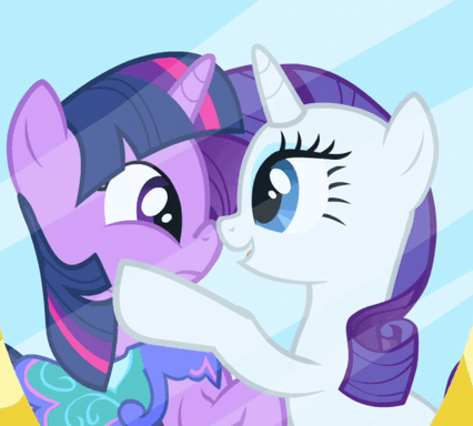 Size: 426x384 | Tagged: safe, screencap, character:rarity, character:twilight sparkle, species:pony, species:unicorn, episode:the ticket master, g4, my little pony: friendship is magic, animated, blinking, boop, clothing, cute, dress, eye contact, female, frown, looking at each other, mare, noseboop, open mouth, raised hoof, raribetes, saddle, smiling, tack, talking, twiabetes, wide eyes