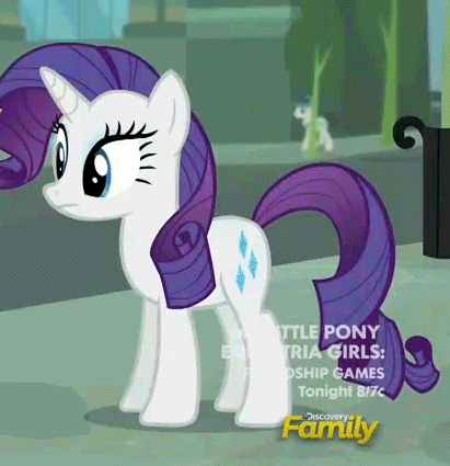Size: 411x425 | Tagged: safe, screencap, character:rarity, species:earth pony, species:pony, species:unicorn, episode:made in manehattan, equestria girls:friendship games, g4, my little pony: friendship is magic, my little pony:equestria girls, animated, background pony, carriage, coach, discovery family logo, female, lucky breaks, male, manehattan, mare, meta, solo, stallion