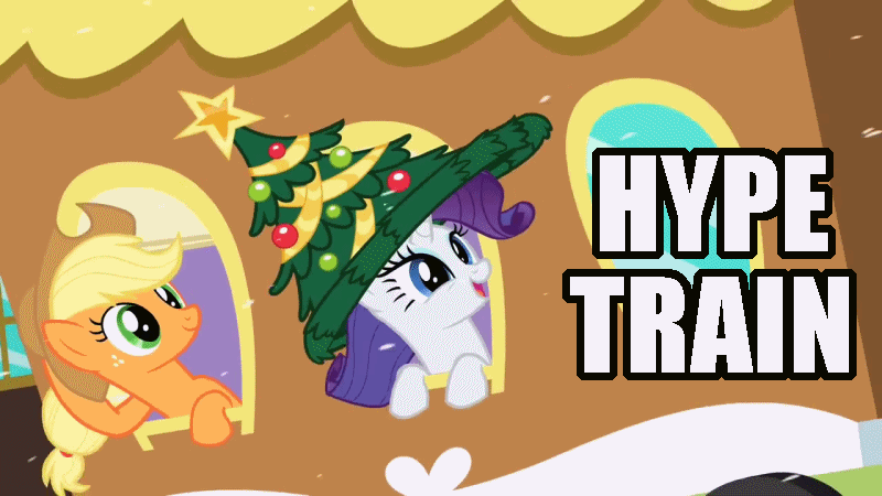 Size: 800x450 | Tagged: safe, screencap, character:applejack, character:rarity, episode:hearth's warming eve, g4, my little pony: friendship is magic, animated, christmas tree, clothing, hat, hype train, train, tree