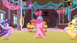 Size: 852x480 | Tagged: safe, screencap, character:applejack, character:fluttershy, character:pinkie pie, character:rarity, character:twilight sparkle, episode:party of one, g4, my little pony: friendship is magic, elastic