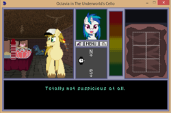 Size: 655x436 | Tagged: safe, artist:herooftime1000, screencap, character:dj pon-3, character:vinyl scratch, oc, oc:muscle milk, oc:puzzle piece, dungeon, fangame, octavia in the underworld's cello, pixel art, text