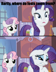 Size: 1012x1300 | Tagged: safe, screencap, character:rarity, character:sweetie belle, cringing, meme, naive sweetie belle, the birds and the bees, the talk