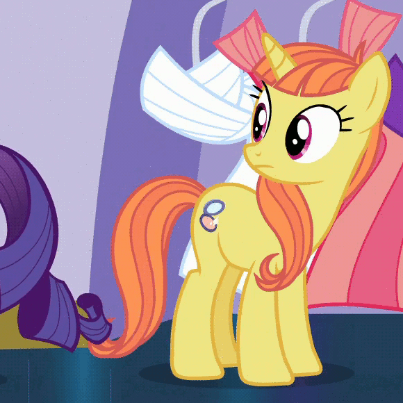 Size: 580x580 | Tagged: safe, screencap, character:citrus blush, character:rarity, species:pony, species:unicorn, episode:canterlot boutique, g4, my little pony: friendship is magic, animated, background pony, blinking, both cutie marks, clothes hanger, clothing, coat rack, concerned, cute, dress, female, hair flip, mane flip, mare, solo focus, turning, weapons-grade cute