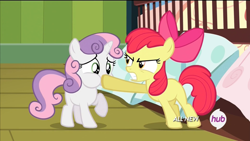 Size: 1600x900 | Tagged: safe, screencap, character:apple bloom, character:sweetie belle, episode:somepony to watch over me, g4, my little pony: friendship is magic, hoof in mouth, hub logo, puffy cheeks