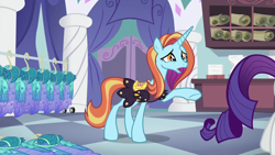 Size: 1280x720 | Tagged: safe, screencap, character:rarity, character:sassy saddles, species:pony, species:unicorn, episode:canterlot boutique, g4, my little pony: friendship is magic, clothing, dress, female, mare, princess dress, raised hoof, solo focus