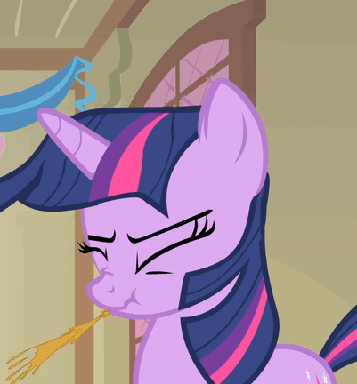 Size: 401x432 | Tagged: safe, screencap, character:twilight sparkle, episode:a bird in the hoof, g4, my little pony: friendship is magic, animated, food, magic, scrunchy face, spit take, tea