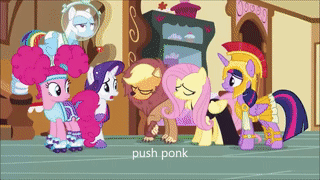 Size: 320x180 | Tagged: safe, screencap, character:applejack, character:fluttershy, character:pinkie pie, character:rainbow dash, character:rarity, character:twilight sparkle, character:twilight sparkle (alicorn), species:alicorn, species:pony, episode:scare master, g4, my little pony: friendship is magic, animated, applelion, astrodash, athena sparkle, clothing, costume, female, fluttershy's cottage, mane six, mare, mermaid, mermarity, nightmare night, nightmare night costume, push ponk, roller skates, skirt