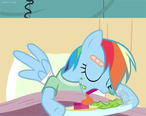 Size: 500x400 | Tagged: safe, screencap, character:rainbow dash, species:pegasus, species:pony, episode:read it and weep, g4, my little pony: friendship is magic, animated, bed, eating, female, food, gif, hospital, hub logo, jello, mare, messy eating, solo