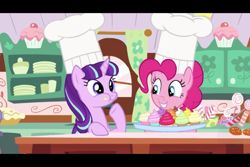Size: 960x640 | Tagged: safe, screencap, character:pinkie pie, character:starlight glimmer, species:earth pony, species:pony, species:unicorn, episode:the cutie re-mark, candy, chef's hat, chewing, clothing, cupcake, cute, eating, female, food, glimmerbetes, hat, mare, s5 starlight, smiling, sugarcube corner