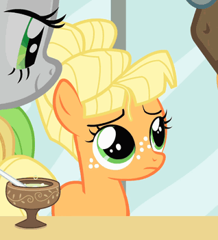 Size: 318x351 | Tagged: safe, screencap, character:applejack, character:aunt orange, character:uncle orange, species:earth pony, species:pony, episode:the cutie mark chronicles, g4, my little pony: friendship is magic, alternate hairstyle, animated, blinking, cute, female, filly, jackabetes, open mouth, smiling, younger