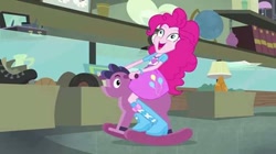 Size: 552x310 | Tagged: safe, screencap, character:pinkie pie, episode:a case for the bass, equestria girls:rainbow rocks, g4, my little pony:equestria girls, balloon, boots, bracelet, clothing, high heel boots, horsie, jewelry, maximum overdrive, open mouth, rocking horse, skirt, smiling, solo, wide eyes