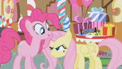 Size: 800x450 | Tagged: safe, screencap, character:fluttershy, character:pinkie pie, snickers