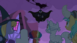 Size: 1280x720 | Tagged: safe, screencap, character:cloud kicker, character:lyra heartstrings, character:mayor mare, character:princess luna, character:sunshower raindrops, episode:luna eclipsed, g4, my little pony: friendship is magic, bedsheet ghost, chariot, dramatic entrance, echo (bat pony), echo and nocturn, ghost, glowing eyes, luna's chariot, nightmare night, nocturn, silhouette