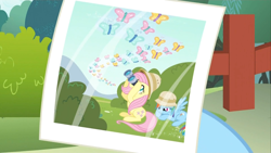 Size: 1600x900 | Tagged: safe, screencap, character:fluttershy, character:rainbow dash, species:pegasus, species:pony, episode:dragon quest, g4, my little pony: friendship is magic, angry, binoculars, bored, butterfly, butterfly migration, clothing, cute, dashabetes, duo, female, hat, looking up, madorable, mare, migration, photo, picture, pith helmet