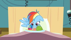 Size: 1600x900 | Tagged: safe, screencap, character:rainbow dash, species:pegasus, species:pony, episode:read it and weep, g4, my little pony: friendship is magic, bed, cute, dashabetes, drinking, eating, female, floppy ears, foomp, glass, horse problems, hospital, mare, solo